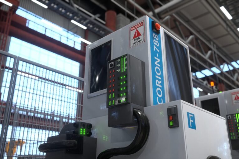 Machinery with advanced control panel, buttons and switches in futuristic warehouse. Computerized equipment unit with green led lights in high tech factory used for operational tasks, 3D render